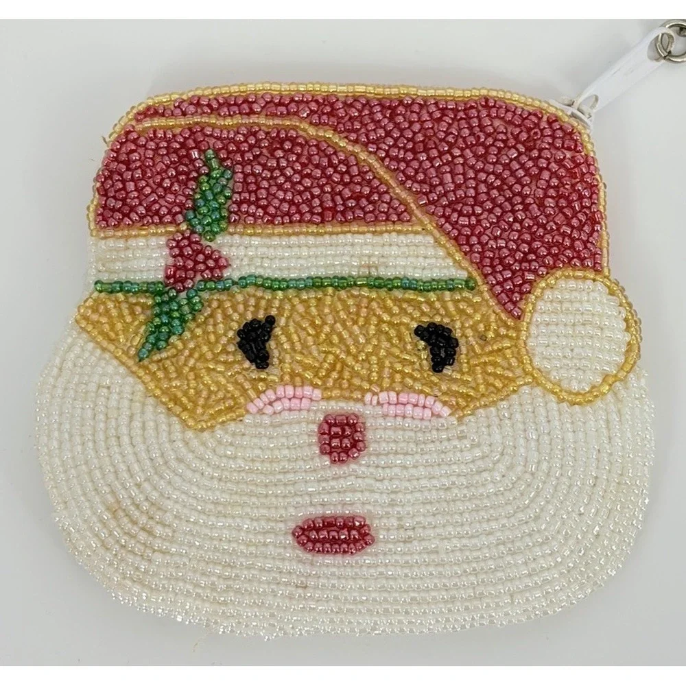 Fully Beaded Coin Purse Santa Claus Key Ring Chain Pouch Christmas